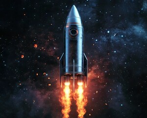 A sleek silver rocket launches into the dark cosmos. leaving a trail of fiery exhaust. symbolizing innovation and exploration in a futuristic space setting