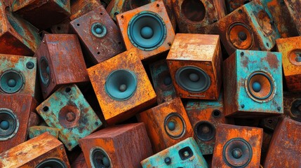 Fototapeta premium A vibrant collection of old. rusted speakers stacked together. showcasing their colorful surfaces and textures. set against a backdrop of urban decay