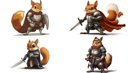 Four cute squirrel knights in various poses.