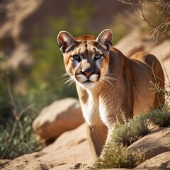 Potrait of Cougar wondering around in the rocky mountain in the wild AI Generated Image