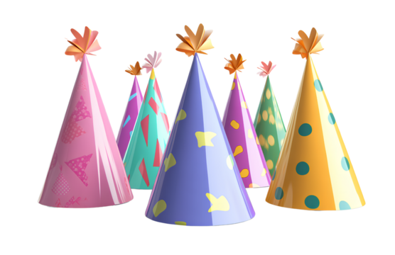 3D cartoon illustration of birthday party hats on a white background, with a style reminiscent of art, featuring blue and yellow colors.