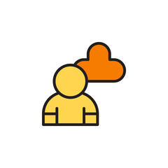 Illustration of a Yellow Icon with a Figure Representing Mental Health and Emotional Support Surrounded by a Heart-Shaped Thought Cloud in a Simplistic Style