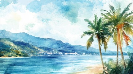 Serene sunset over a tropical beach with silhouetted palm trees. reflecting on calm waters. creating a peaceful atmosphere ideal for relaxation and vacation themes