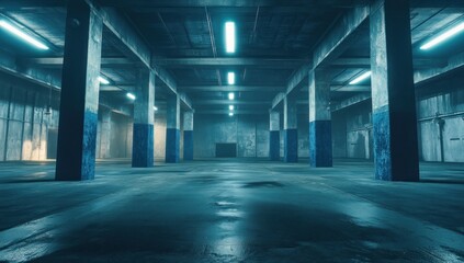 Fototapeta premium Dramatic Warehouse Interior with Blue Columns and Industrial Lighting