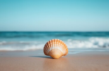 Close-up of a beautiful white seashell on the beach with a blurred blue sea and sky background, a summer vacation concept