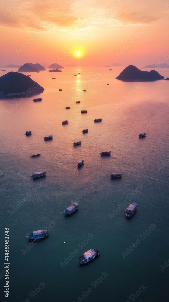 Aufkleber 夕焼けの海に浮かぶ多数のボートと島々 太陽が水面に反射する美しい景色