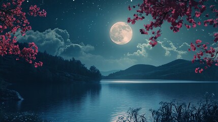 Serene lake at night, full moon, and cherry blossoms