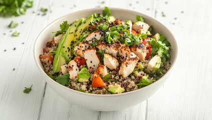 A vibrant bowl of grilled chicken salad featuring sliced chicken breast atop a bed of quinoa. fresh spinach. and cucumber. set against a light wooden backdrop