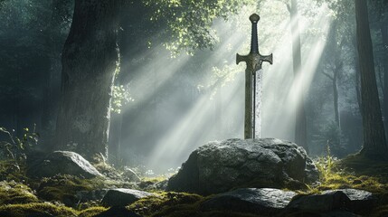 Naklejka premium A mystical forest scene illuminated by beams of sunlight. featuring a lone sword embedded in the ground near a large rock. surrounded by lush greenery and soft mist. evoking a sense of adventure