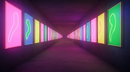 Walking Through Neon Art Gallery Hallway with Abstract Illuminated Paintings