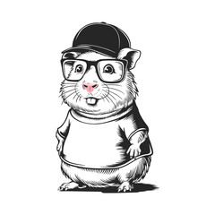 Cute hamster cartoon character wearing glasses, a cap, and a t-shirt, standing upright