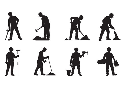 Construction worker silhouette set, digging, hammering, drilling, sweeping, and carrying tools vector