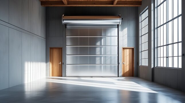 Modern industrial garage interior with large metallic rolling shutter door, tall glass windows, and clean concrete floor, illuminated by natural sunlight streaming in.

