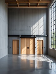Obraz premium Modern industrial garage interior with large metallic rolling shutter door, tall glass windows, and clean concrete floor, illuminated by natural sunlight streaming in.