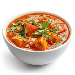 Fototapeta premium A bowl of hot and delicious spicy chicken curry, a flavorful chicken stew with vegetables like tomato and onion, is a popular dish often served with rice for lunch or dinner