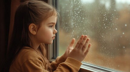 Little Girl Looking Out Rainy Window with Hands Pressed on Glass
