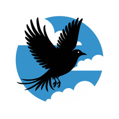 Black silhouette of a bird flying against a blue sky with clouds