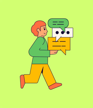 Smiling person walking while holding multiple speech bubbles cartoon vector illustration hand drawn for communication, messaging, social media, teamwork, online chat, and digital conversation