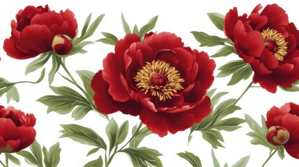 赤色の牡丹の花のクローズアップ 植物の緑の葉と白い背景の装飾的パターン