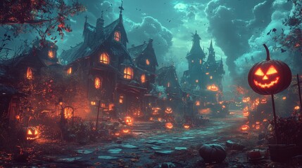 Naklejka premium Spooky Halloween Village Jack o lanterns Autumn Night