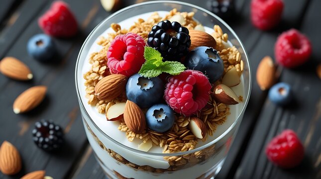 Healthy breakfast parfait in a glass layered with yogurt, granola, raspberries, blueberries, almonds, and blackberries on a dark wooden background, promoting nutritious clean eating.

