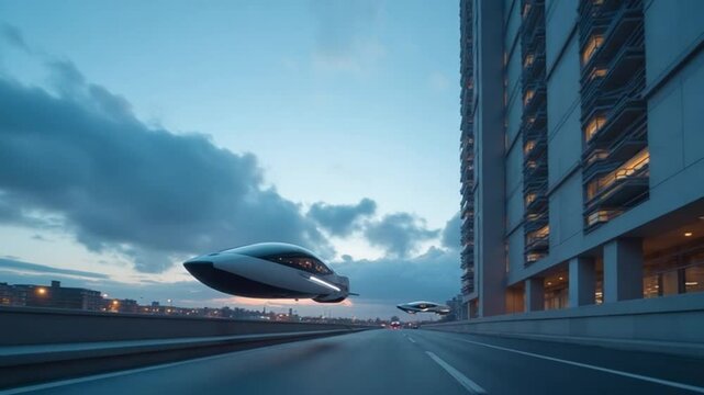 Futuristic Hover Cars Flying Over Urban Cityscape at Dusk