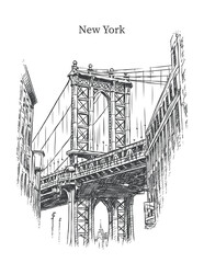 Sketch of the Manhattan Bridge in New York City, captured from a low angle perspective between buildings