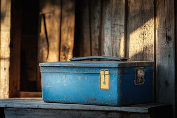 Fototapeta premium Rusty blue metal toolbox rests on weathered wooden surface.