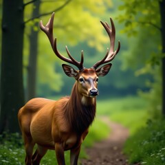 Fototapeta premium Deer head with prominent antlers in woodland scene, antlers, wildlife, woods