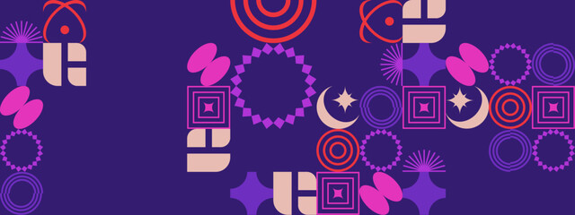 Colorful geometric pattern with vibrant colors on a purple background. Suitable for backgrounds, prints, fabric design, and digital projects.