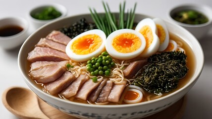 A steaming bowl of ramen with pork slices, soft-boiled egg, green onions, and nori, isolated on a white background