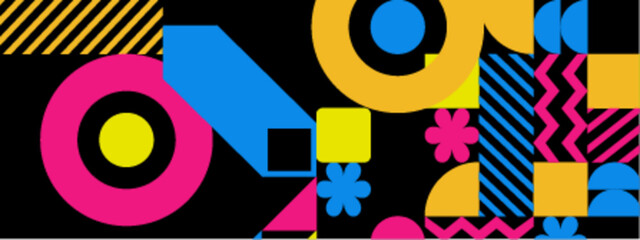 Colorful geometric pattern of circles, squares, and triangles. Great for background designs, posters, wrapping paper, and digital marketing materials.