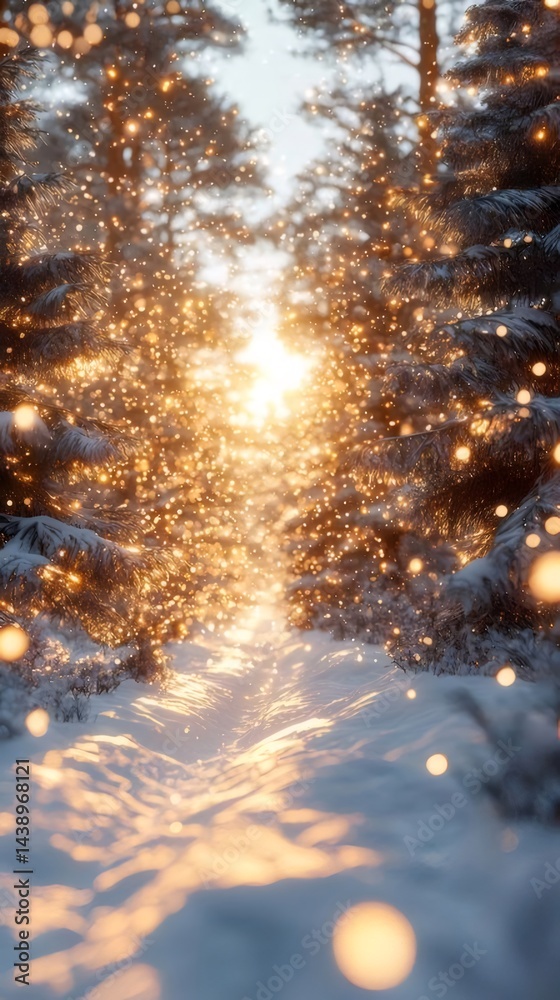 Poster 雪降る冬の森の小道 輝く光の粒子が降り注ぎ 木々のシルエットと雪景色が美しい情景