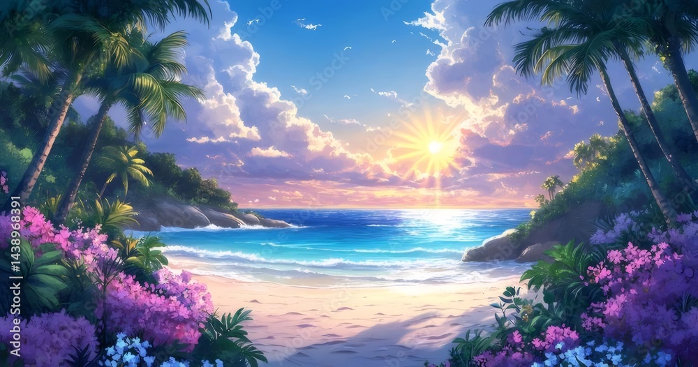 Poster 青い海と砂浜に夕日が差し込む熱帯の風景画 ヤシの木と花が咲き乱れる楽園のような光景