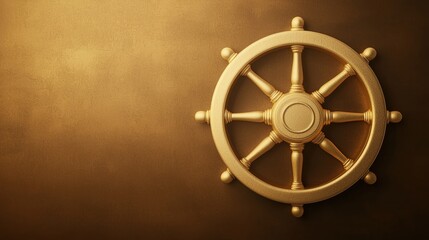 Fototapeta premium A golden ship's wheel against a textured, dark background, symbolizing navigation and adventure on the seas.