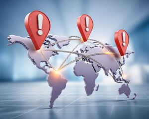 A digital world map with red location markers featuring exclamation points, symbolizing global alerts or risks and interconnected issues.