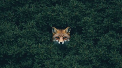 A fox peeks through dense green foliage, blending seamlessly into the surroundings, showcasing its natural habitat.