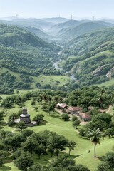 Fototapeta premium Lush Green Valley Landscape with River and Village