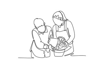 Neighbor sharing concept. Single line draw design. Vector graphic illustration