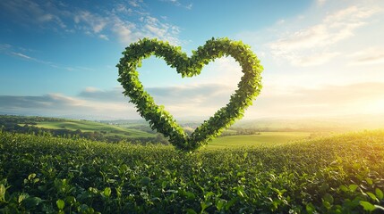 A heart shaped bush in a field with rolling hills and a blue sky with clouds in the background view