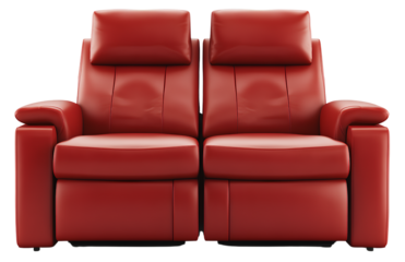 Soft red sofa chair for a home theater or movie theater, an isolated PNG element. Red seat of a modern recline
