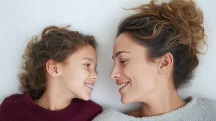 Smiling mother and daughter share a joyful moment indoors during golden hour in a cozy setting.