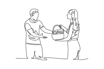 Neighbor sharing concept. Single line draw design. Vector graphic illustration