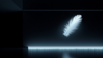 A single, luminous white feather in a dark, futuristic space