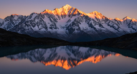 Obraz premium Snowy Mountain Peaks Reflecting in Calm Lake at Golden Hour