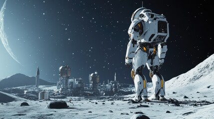 Giant robot stands on the surface of the moon, watching over future space
