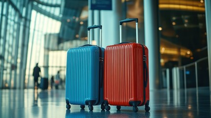 Two colorful suitcases in an airport terminal (1)
