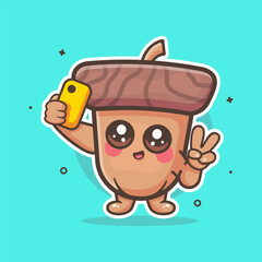 smiling acorn character mascot taking a selfie with a smartphone isolated cartoon 