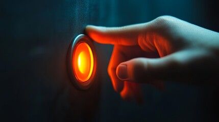 A hand pressing a glowing orange button on a dark surface illuminated by the button's light source
