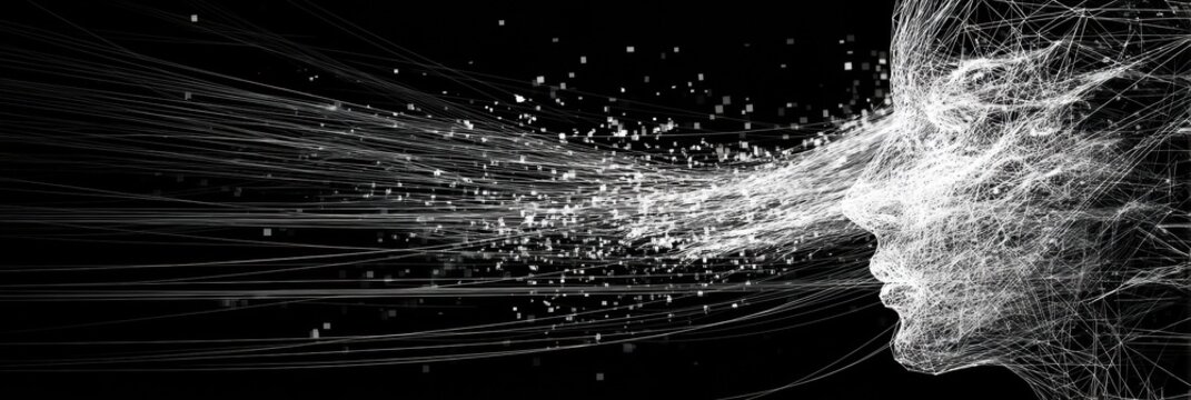 Abstract Wireframe Face Transitioning Into Digital Particles With a Sense of Movement and Dissolution